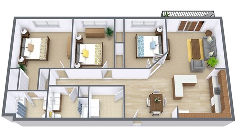 Floor plan for 3 beds, 2 baths, 1240 sqft